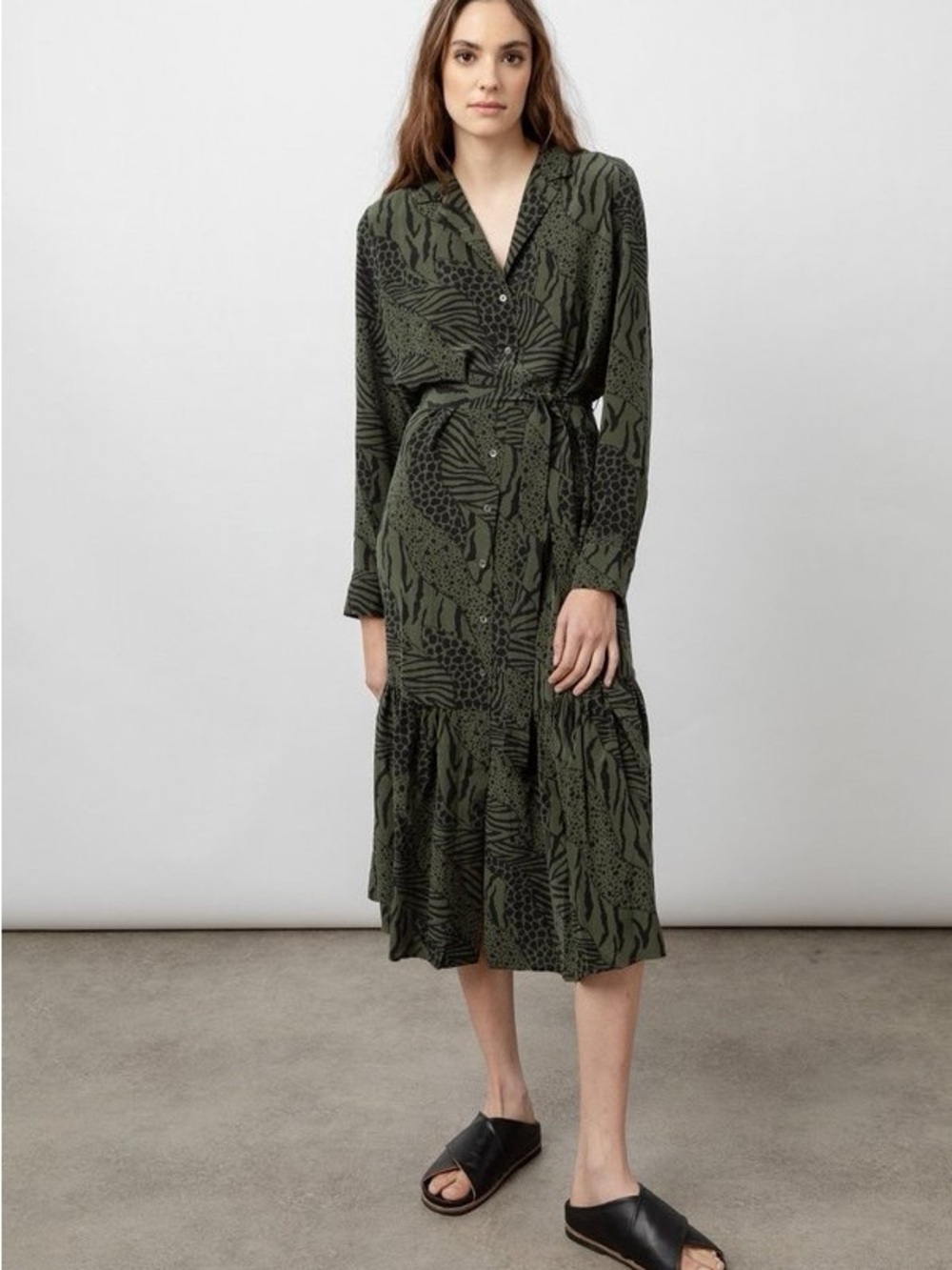 RAILS Olive Green Long Sleeve Printed Midi Shirt Dress with Tie Waist